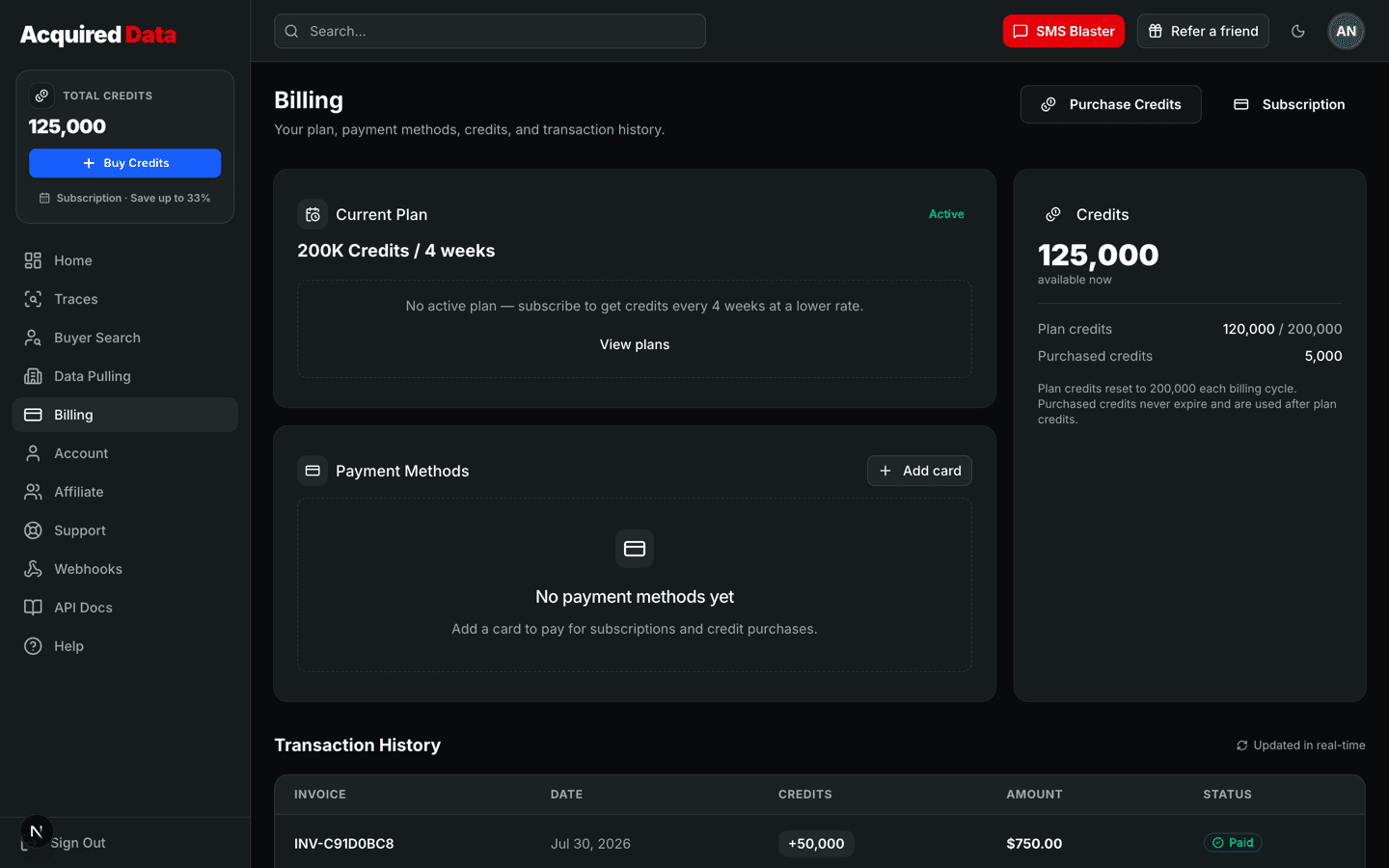 Billing page showing a current plan card, a credits panel that splits plan credits from purchased credits, and a transaction history table