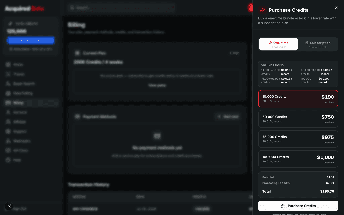 The Purchase Credits panel with One-time and Subscription tabs, volume pricing tiers, selectable credit packs, and an order total.