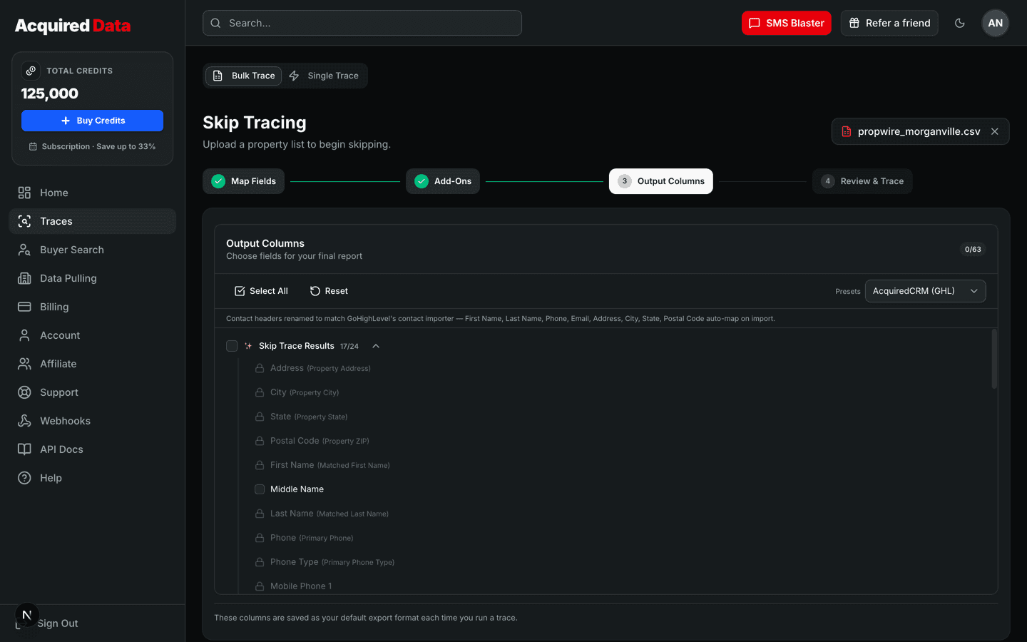 The Output Columns step with a Skip Trace Results column list — Address, City, State, Postal Code, matched first/last name, phones — locked core columns, a Select All control, and a Presets dropdown set to GHL.