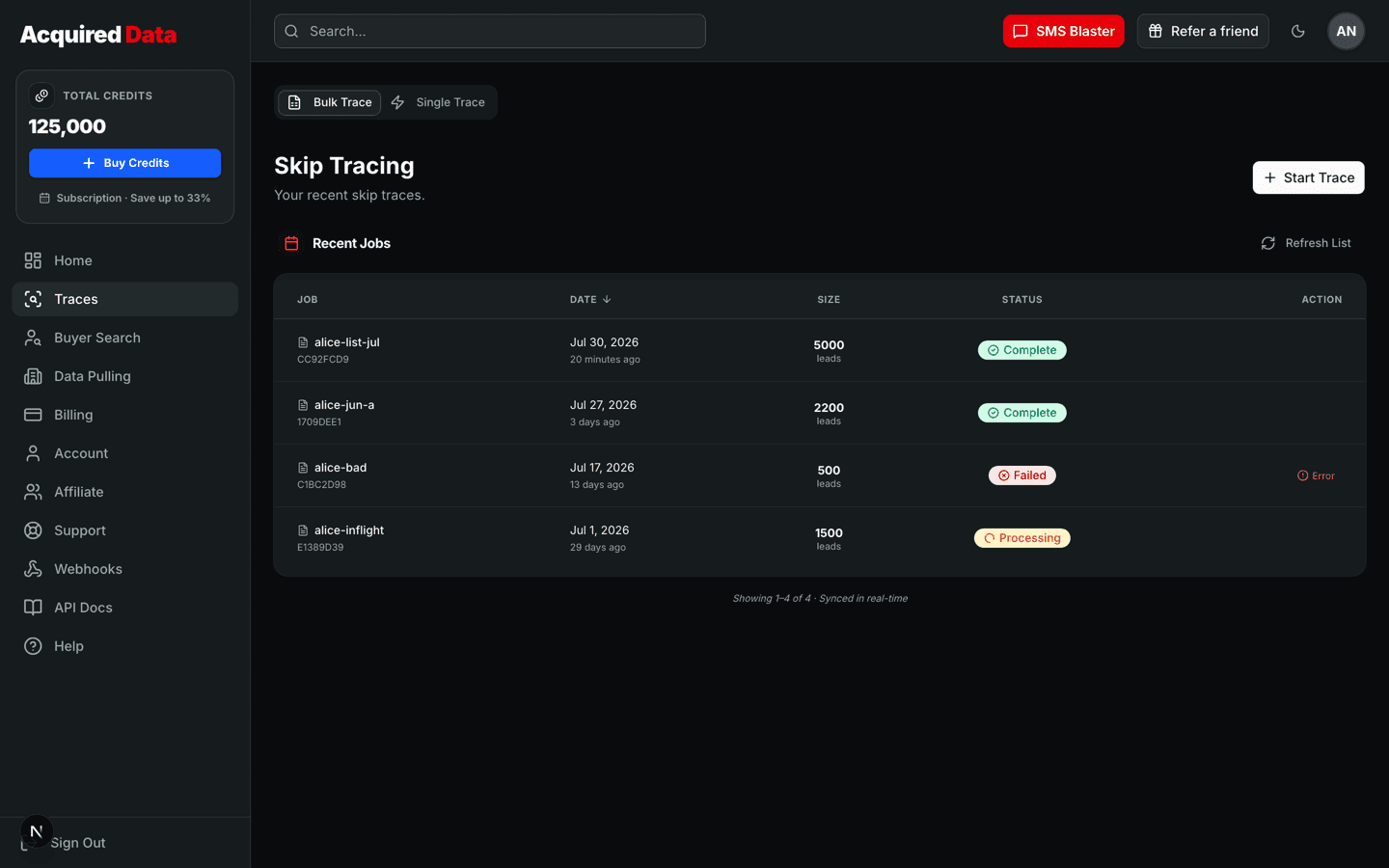 The Traces page on the Bulk Trace tab, showing a Recent Jobs table with Complete, Failed, and Processing statuses and a Start Trace button.