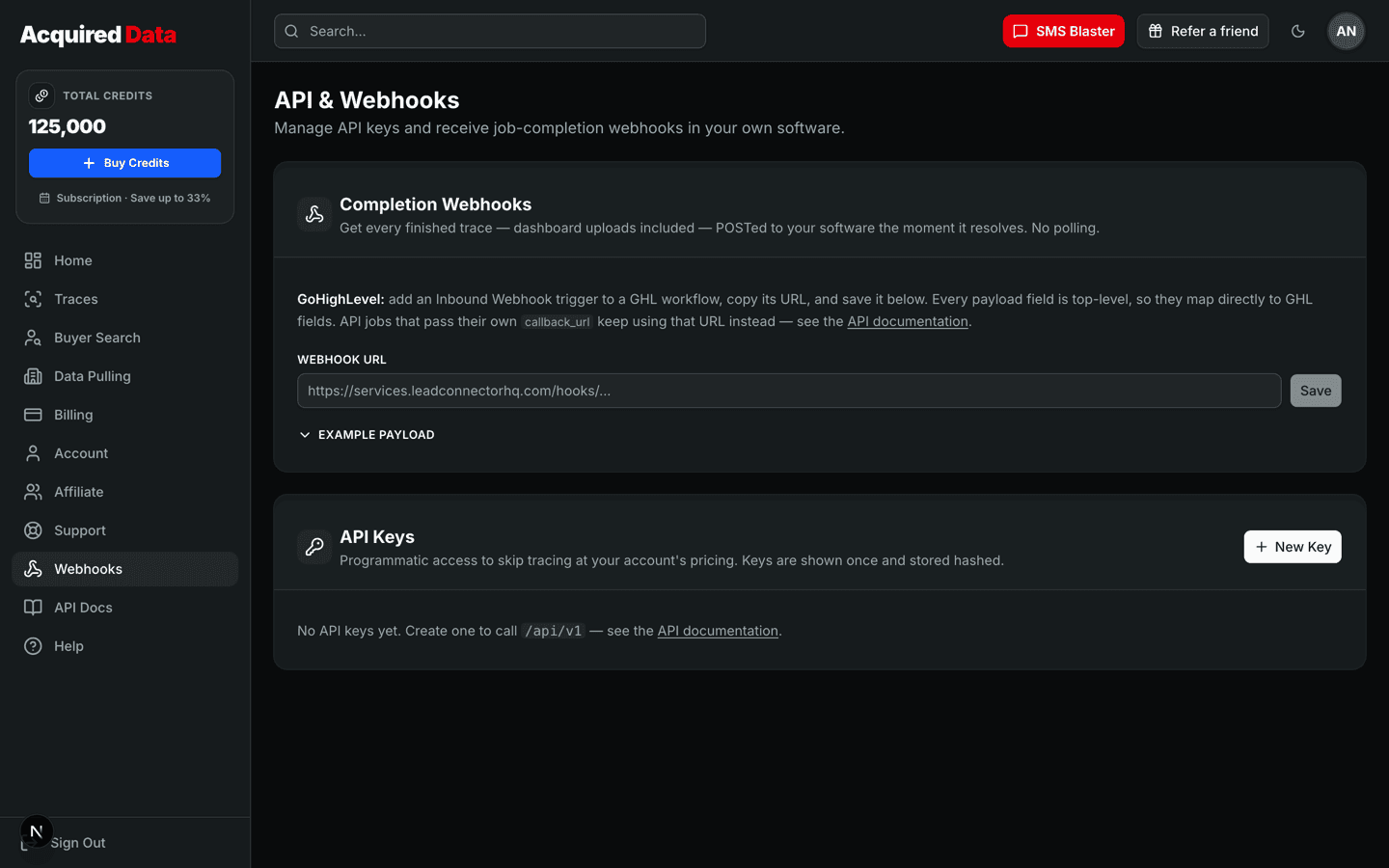 The API & Webhooks page with the completion-webhook URL field, a note about GoHighLevel, and the API Keys section below.